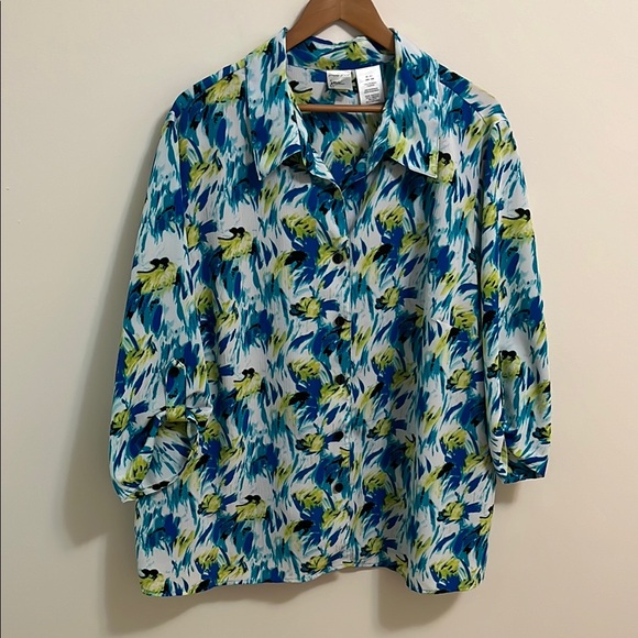 Just My Size Top Blouse Shirt 4X Blue and Green Button Down Print Tab Sleeves - Picture 1 of 14